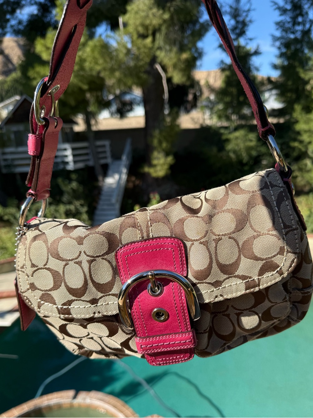 Coach Beige Signature Canvas Shoulder Bag with Pink Accents